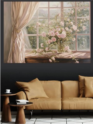 Mushen Studio Pencere Kenarında Pembe Güller Natürmort Kanvas Tablo Yağlı Boya Efektli Romantik Duvar Dekoru