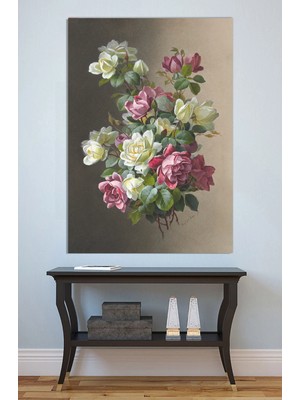 Mushen Studio Pembe ve Beyaz Güller Buketi Tablo - Klasik Yağlıboya Natürmort Duvar Sanatı