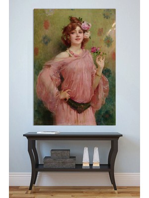 Mushen Studio Pembe Elbise Çiçekli Kadın Portresi Tablo - Hippolyte Lucas Klasik Yağlıboya Duvar Sanatı