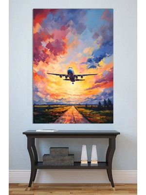 Mushen Studio Gün Batımında Kalkış Yapan Uçak Tablo - Yağlıboya Tarzı Havacılık Manzarası Duvar Sanatı