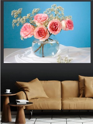 Mushen Studio Pembe Güller Çiçek Buketi Cam Vazo Mavi Fon Kanvas Tablo