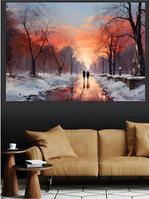 Mushen Studio Karlı Park Yolu Çift Silueti Kanvas Tablo Yağlı Boya Efektli Romantik Kış Duvar Dekoru