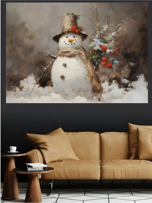 Mushen Studio Karlı Kardan Adam Çalılarla Kanvas Tablo Yağlı Boya Efektli Kış Natürmort Duvar Dekoru