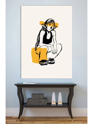 Mushen Studio Siyah Çizgili Sarı Koltuklu Kız Tablo - Modern Pop Art Kadın Portresi Duvar Sanatı