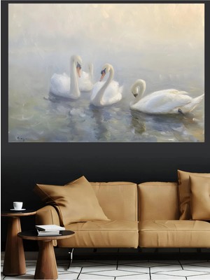 Mushen Studio Beyaz Kuğular Sisli Göl Yağlı Boya Tarzı Duvar Tablosu Kanvas Tablo