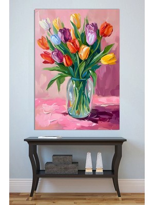 Mushen Studio Renkli Lale Buketi Tablo - Pembe Fonlu Yağlıboya Çiçek Portresi Duvar Sanatı