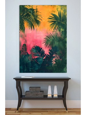 Mushen Studio Tropikal Palmiye Yaprakları Tablo - Neon Gün Batımı Ormanı Duvar Sanatı