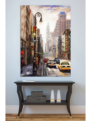 Mushen Studio New York Sokakları Yağlıboya Tablo - Şehir Işıkları ve Trafik Manzarası Duvar Sanatı