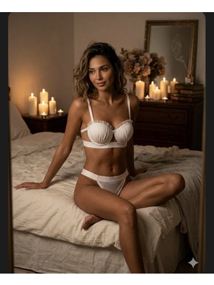 Trend Dokunuş Kadın Ekru Istiridye Model Saten Şeritli Tül Detaylı Dolgulu Sütyen Külot Takımı