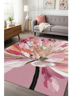 The Reef Design Pembe Çiçek Desenli Salon Halısı Kaymaz Dijital Baskılı Floral Yatak Odası Halısı