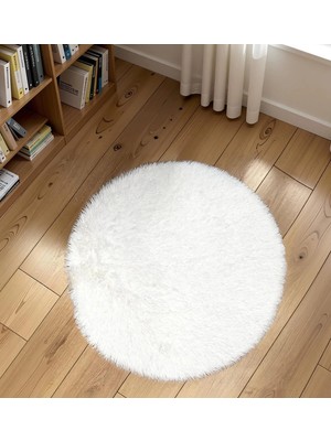 Carpet Dekor Peluş Yumuşak Dekoratif Halı Yuvarlak Beyaz