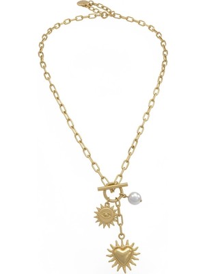 Büşra Ayhan Güneş Figürlü Inci Detaylı Gold Charm Kolye