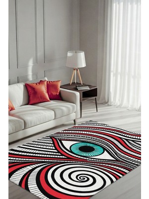The Reef Design Modern Soyut Desenli Halı Siyah Beyaz Göz Figürlü Dijital Kaymaz Taban Salon ve Genç Odası Halısı