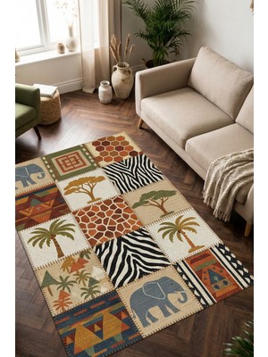 The Reef Design Safari Desenli Halı Etnik Patchwork Dijital Baskılı Kaymaz Yıkanabilir Bohem Salon ve Çocuk Halısı