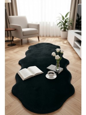 Carpet Dekor Peluş Yumuşak Dekoratif Halı Simetrik Desen Siyah