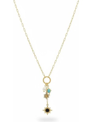 Büşra Ayhan Turkuaz Taşlı Gold Çelik Charm Kolye