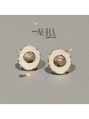 Büşra Ayhan Mine Detaylı Inci Taşlı Gold Küpe Beyaz