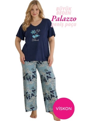 Bie's Kadın Lacivert Büyük Beden Çiçek Desenli Düğmesiz Viskon Kısa Kol Oversize Üst Palazzo Geniş Paça Homewear Pijama Takımı