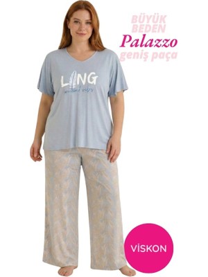 Bie's Kadın Mavi Büyük Beden Yaprak Desenli Düğmesiz Viskon Kısa Kol Oversize Üst Palazzo Geniş Paça Homewear Pijama Takımı