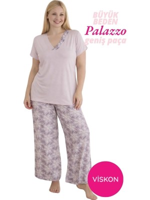 Bie's Kadın Pudra Büyük Beden Çiçek Desenli Düğmesiz Viskon Kısa Kol Oversize Üst Palazzo Geniş Paça Homewear Pijama Takımı