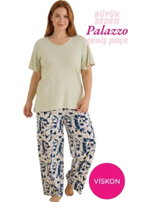 Seamlife Kadın Yeşil Büyük Beden Düğmesiz Viskon Kısa Kol Oversize Üst Palazzo Geniş Paça Homewear Pijama Takımı