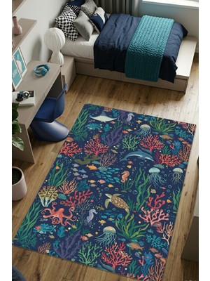 The Reef Design Okyanus Desenli Çocuk Odası Halısı Yıkanabilir Kaymaz Dijital Baskılı Modern Deniz Temalı Halı
