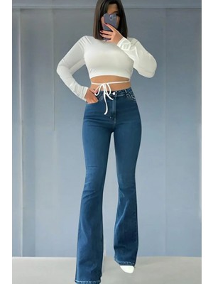 ArVib Toparlayıcı Süper Yüksek Bel Solmaz Orta Mavi Ispanyol Paça Jean