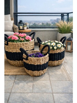 ada ahşap oyma ve çerçevecilik Hasır Saksı 3lü Set