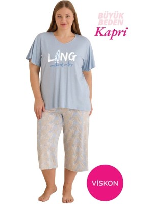 Seamlife Kadın Büyük Beden Mavi Yaprak Desenli Düğmesiz Viskon Kısa Kol Geniş Paça Kapri Pijama Takımı-Geniş Beden Aralığı Büyük Kalıp