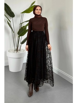 Merven Akyüz Noccta Asimetrik Kesim Dantel Etek Acı Kahve