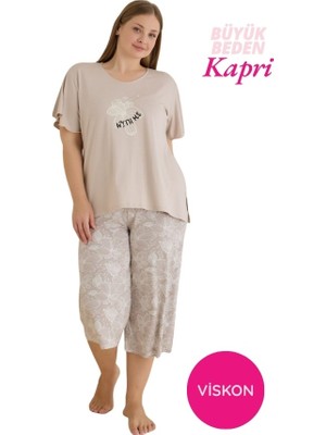 Seamlife Kadın Bej Büyük Beden Çiçek Desenli Düğmesiz Viskon Kısa Kol Geniş Paça Kapri Pijama Takımı-Geniş Beden Aralığı Büyük Kalıp