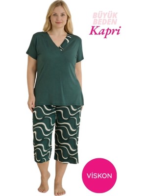 Seamlife Kadın Koyu Yeşil Büyük Beden Desenli Düğmesiz Viskon Kısa Kol Geniş Paça Kapri Pijama Takımı-Geniş Beden Aralığı Büyük Kalıp