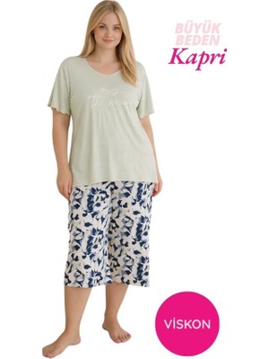 Seamlife Kadın Yeşil Büyük Beden Desenli Düğmesiz Viskon Kısa Kol Geniş Paça Kapri Pijama Takımı-Geniş Beden Aralığı Büyük Kalıp