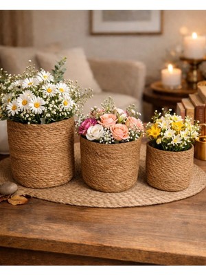 ada ahşap oyma ve çerçevecilik Hasır Saksı 3lü Mini Set