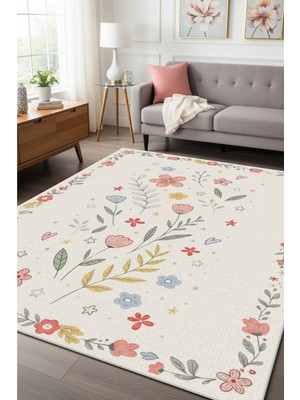 The Reef Design Pembe Çiçek Desenli Salon Halısı Kaymaz Dijital Baskılı Floral Yatak Odası Halısı