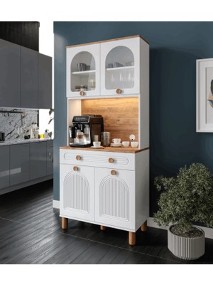2 Kapaklı Kahve Köşesi – 93 cm Mdf, LED Aydınlatmalı, Çok Amaçlı Mutfak ve Airfryer Dolabı ( Ofis ve Ev Için Uygun