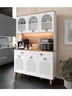 3 Kapaklı Kahve Köşesi – 140 cm Mdf, LED Aydınlatmalı, Çok Amaçlı Mutfak ve Airfryer Dolabı