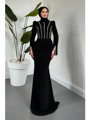 Merven Akyüz Shabira Taşlı Krep Balık Abiye Siyah