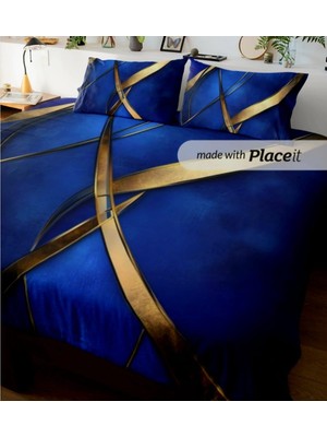 Angels Home Özel Tasarım Marka Çift Kişilik Battal Boy Nevresim Takımı 6 Parça Ranforce Satenli Altın Mavi Lüx Desen