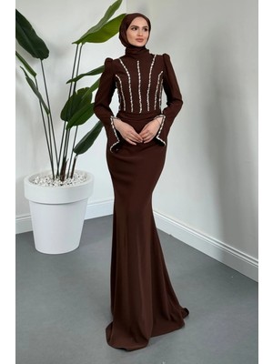 Merven Akyüz Shabira Taşlı Krep Balık Abiye Kahverengi