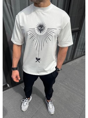 Glam Love Bisiklet Yaka Baskılı Oversize T-Shirt - Beyaz -