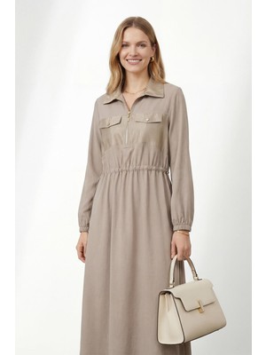 Puane Kadın Gömlek Yaka Fermuarlı Belden Büzgülü Uzun Elbise – 12670ELB