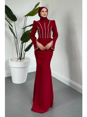 Merven Akyüz Shabira Taşlı Krep Balık Abiye Bordo