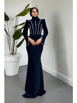 Merven Akyüz Shabira Taşlı Krep Balık Abiye Lacivert