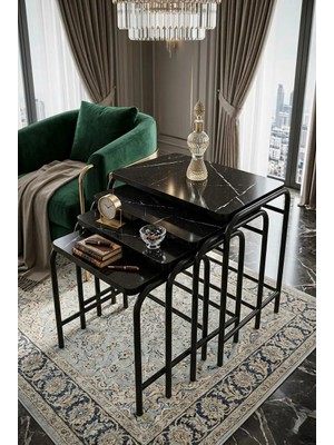 Homebella Homebella  Massafra Mermer Desen 4'lü  Zigon Sehpa Siyah Statik Ayaklı Tse E1  Üreticiden