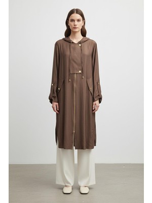 Puane Kapüşonlu Büzgü Detaylı Uzun Kap Elbise -15254