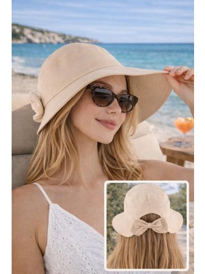 Wearflawless Kadın Keten Bucket Fiyonklu Yazlık Plaj Şapkası, Ayarlanabilir Geniş Kenarlı Tatil Şapkası