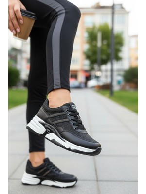 Enoch Kadın Yüksek Tabanlı Simli Saya ve Çift Şerit Detaylı Spor Ayakkabı