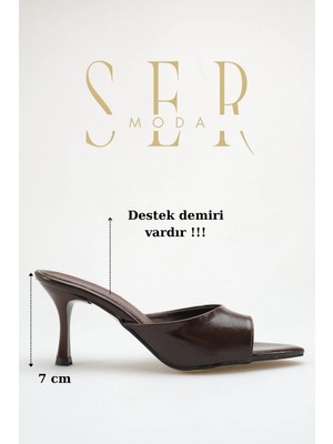 Sermoda Topuklu Kadın Terlik - 7 cm Ince Topuklu Sivri Burun Kadın Terlik Kahve Yanki