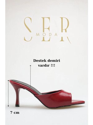 Sermoda Topuklu Kadın Terlik - 7 cm Ince Topuklu Sivri Burun Kadın Terlik Bordo Yanki